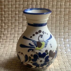 MEXICAN POTTERY VASE WITH COBALT FLOWER & WINGED BIRD DEPICTION